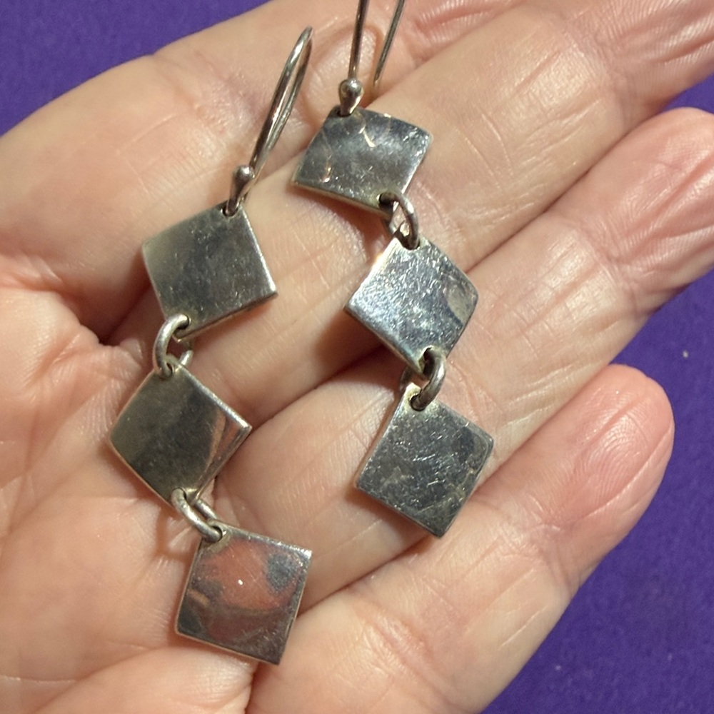 Elegant Vintage Darra Sterling Silver Modernist Square Dangle Earrings (3)